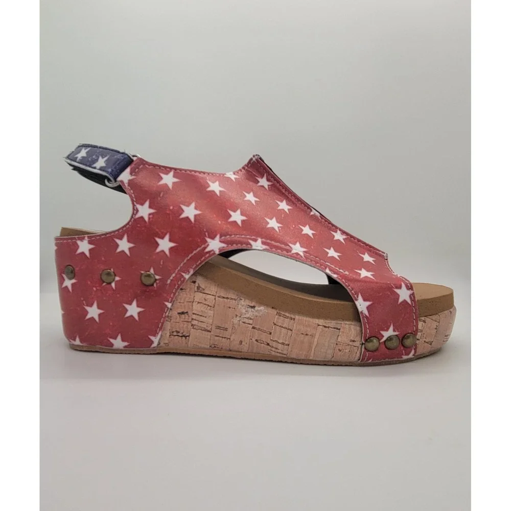 Women's American Flag Wedge Sandals EU 37 US 6 Patriotic Cork Platform Slingback